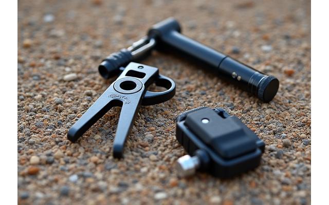 Compact bike repair kit with patch tools and chain link on a gravel path