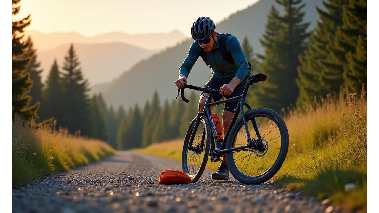 Cyclist fixing a flat tire on a mountain trail with a compact repair kit, demonstrating preparedness.